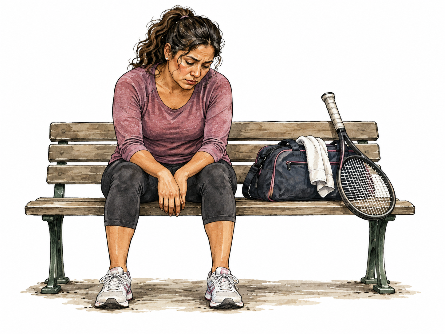 Discouraged Latina athlete sitting on bench.