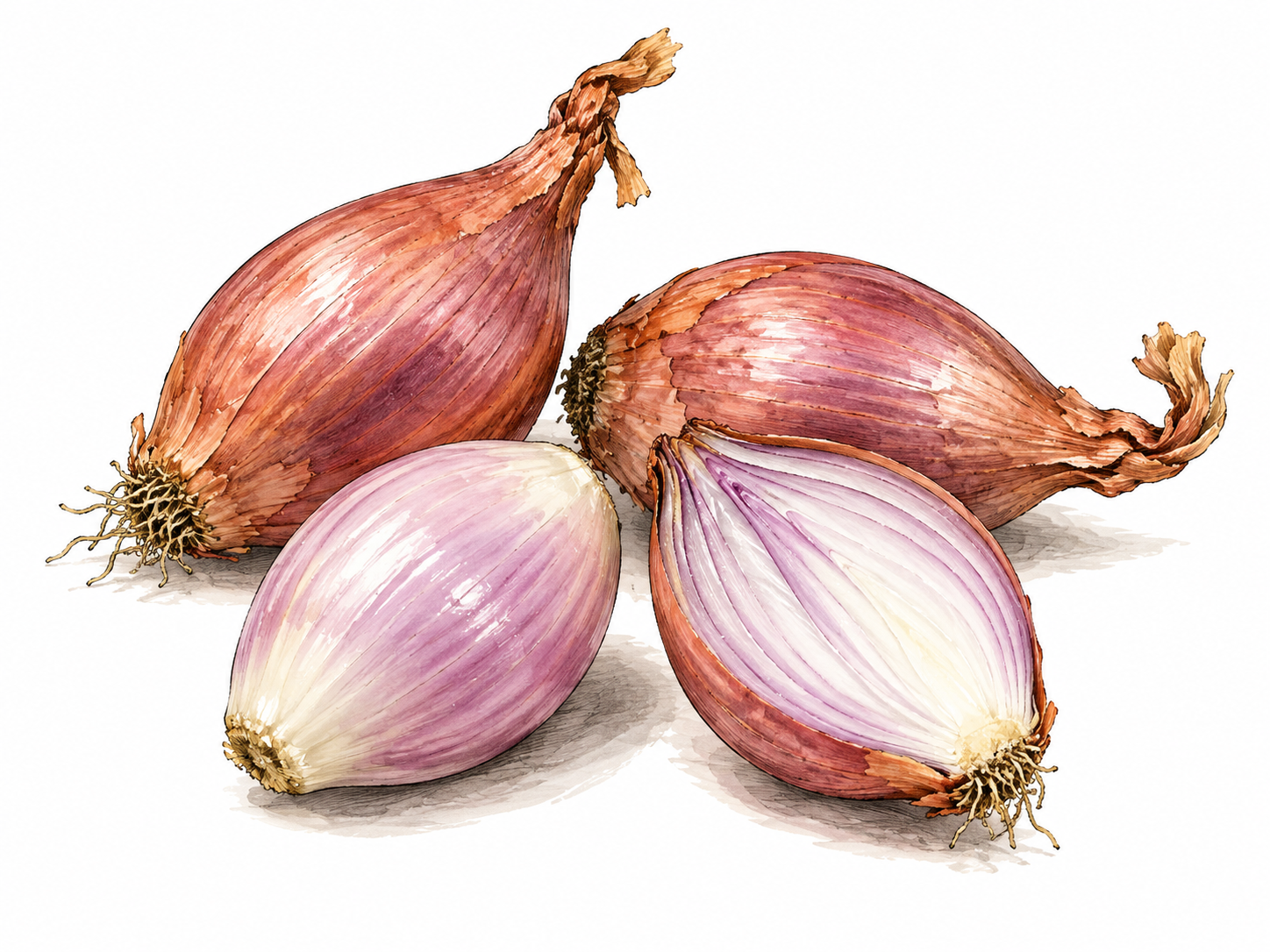 Three copper-purple shallots, one peeled and one halved showing layered interior.