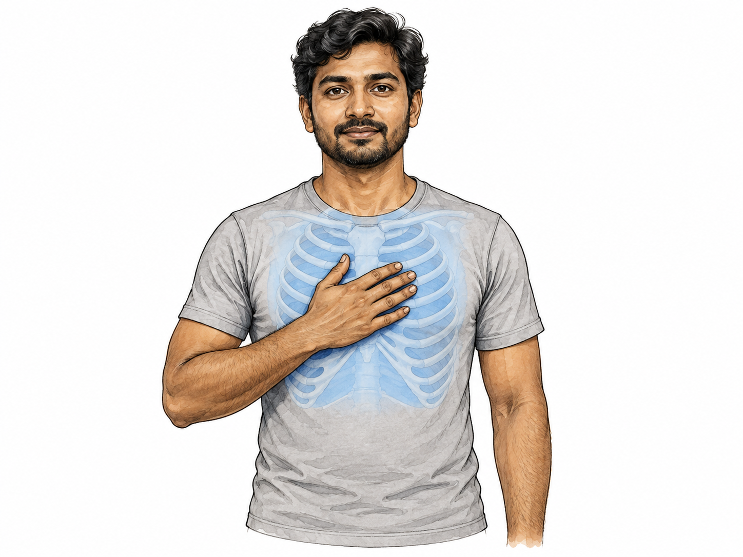 South Asian man indicates chest region.