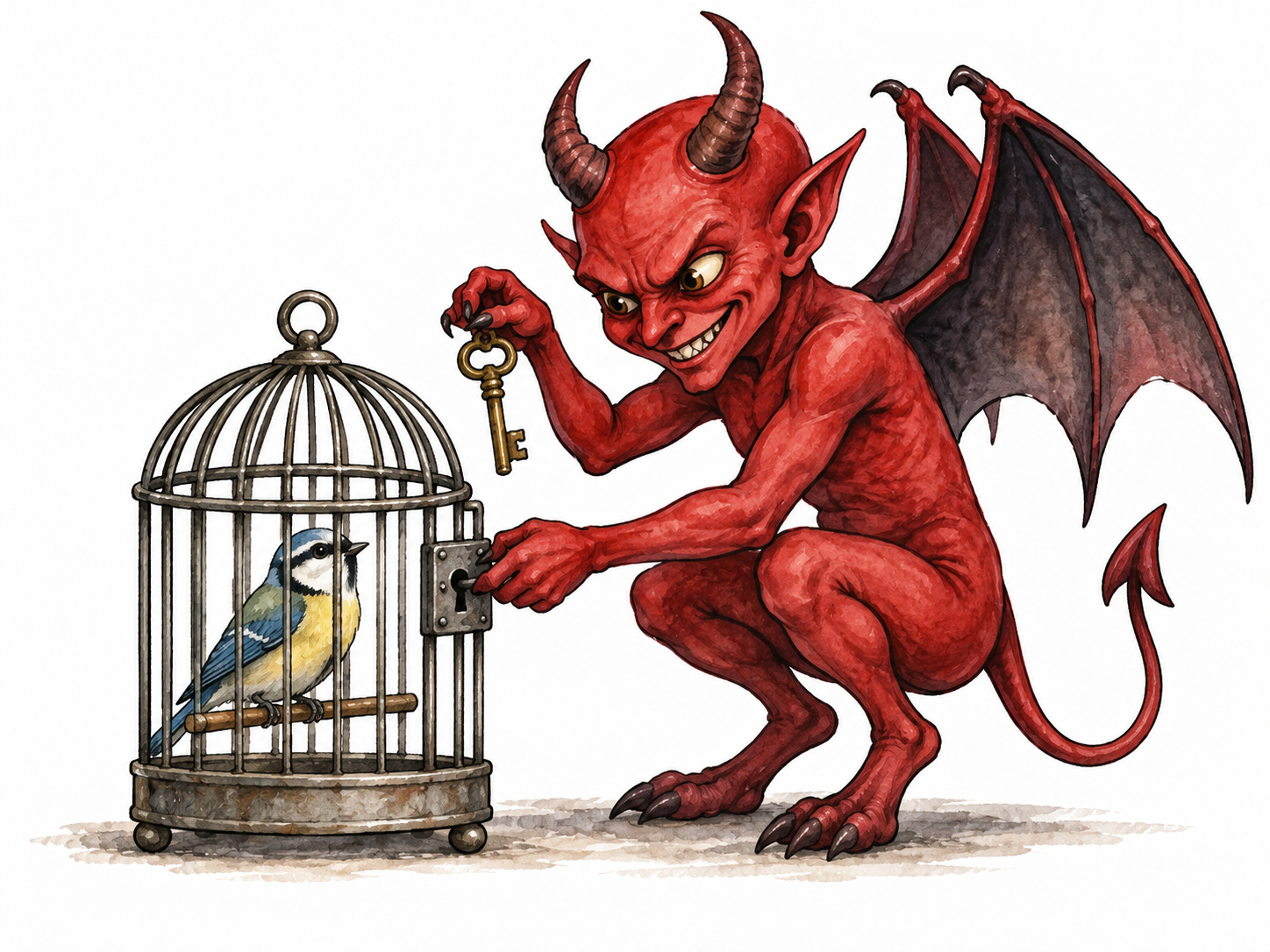 Devilish figure maliciously confining a songbird.