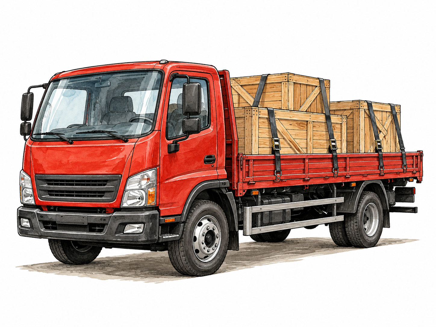 Delivery truck carrying secured crates.
