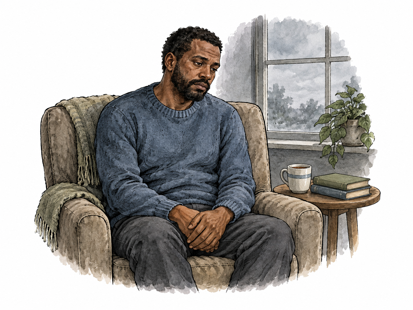 Black man withdrawn in quiet armchair scene.