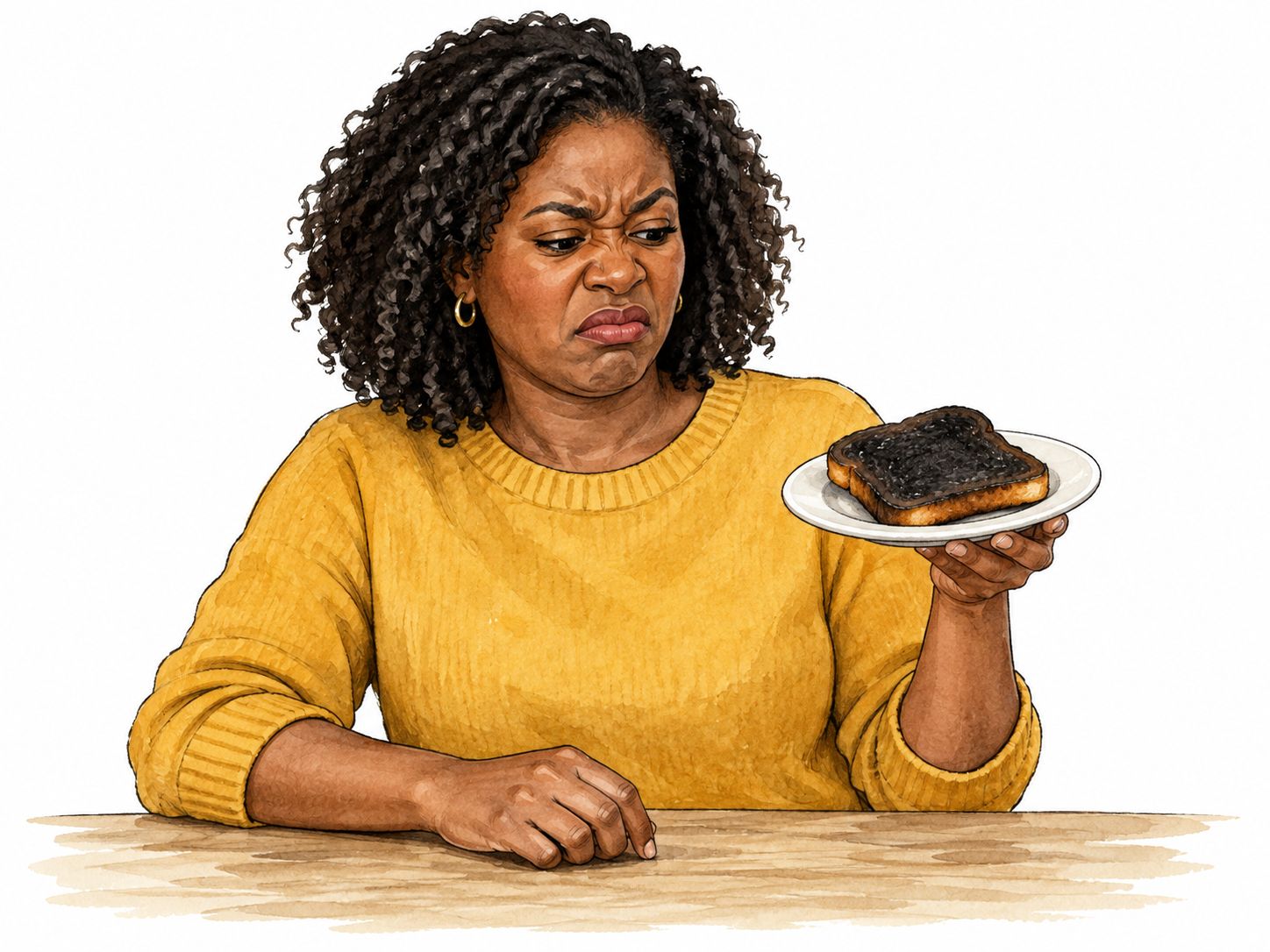 Woman dislikes badly burnt toast.
