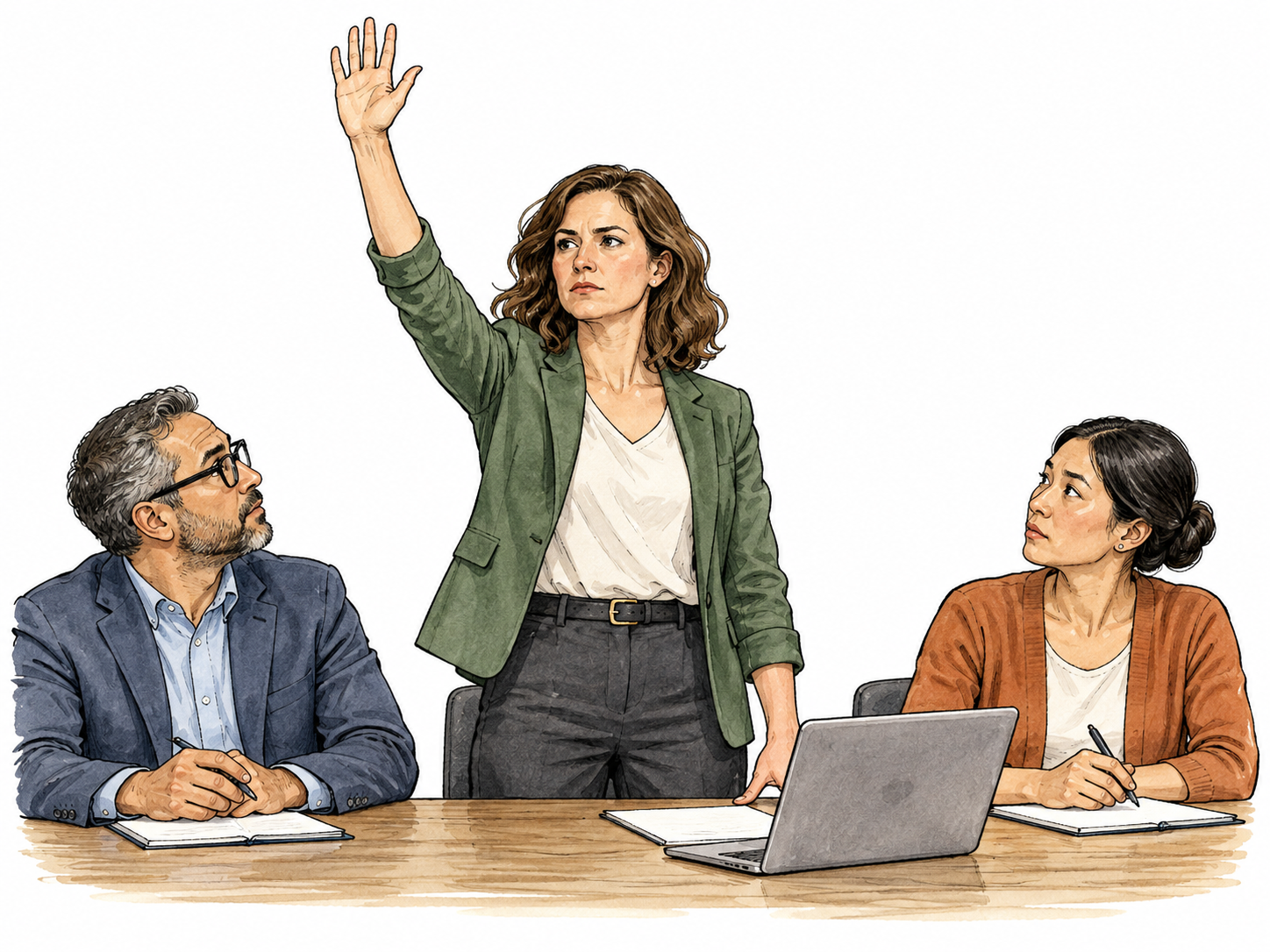 A woman openly raises her hand high to oppose a proposal at a small meeting, watched by two seated colleagues; clear visible public gesture.