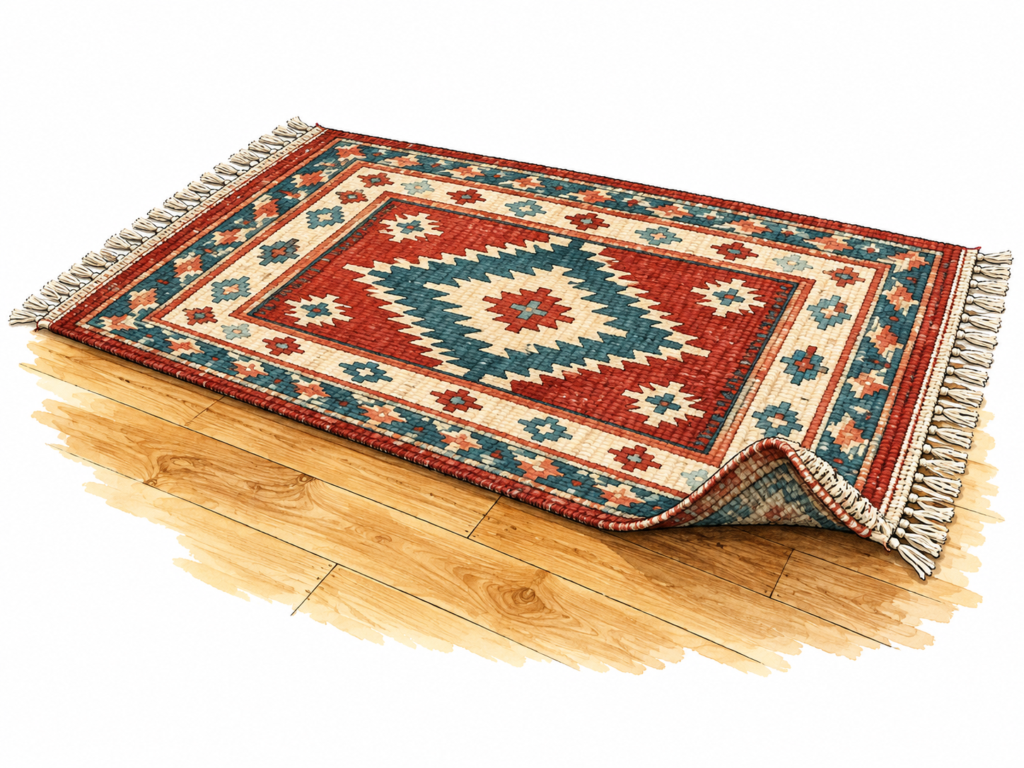 Woven rug on a wooden floor.