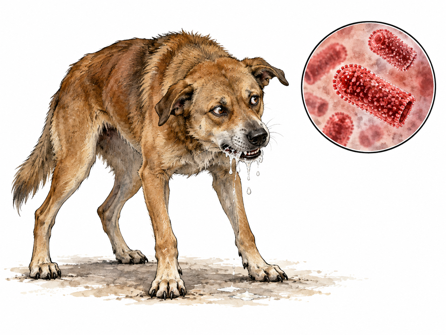 Ill drooling dog with magnified rabies virus inset.