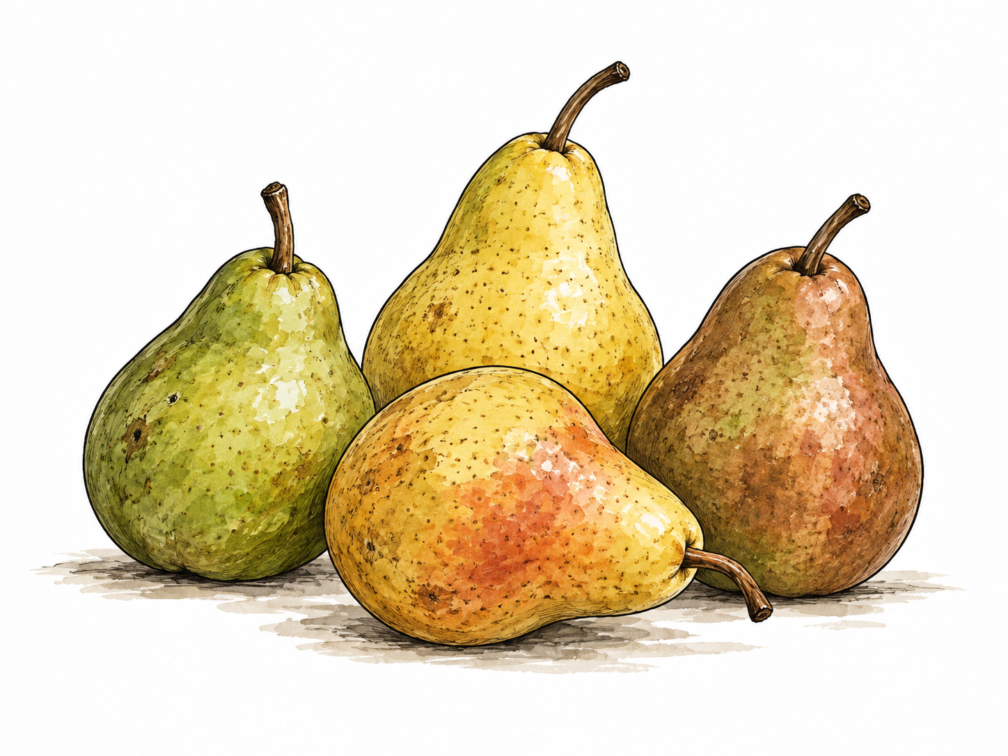 Four distinct ripe pears.