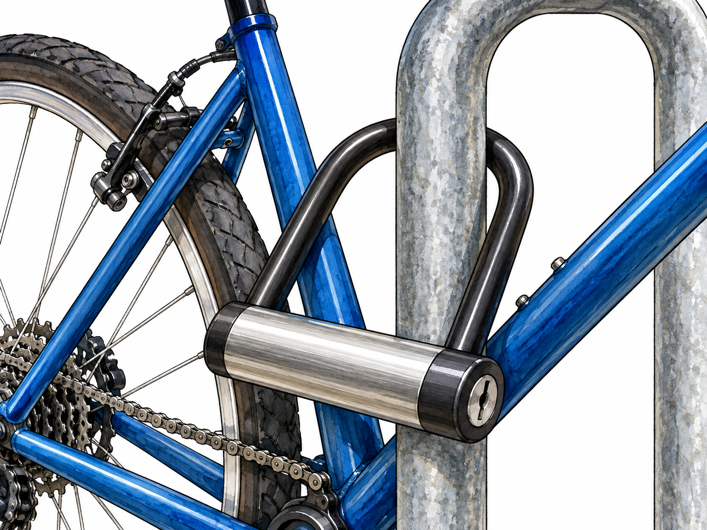 Heavy bicycle lock discourages theft.