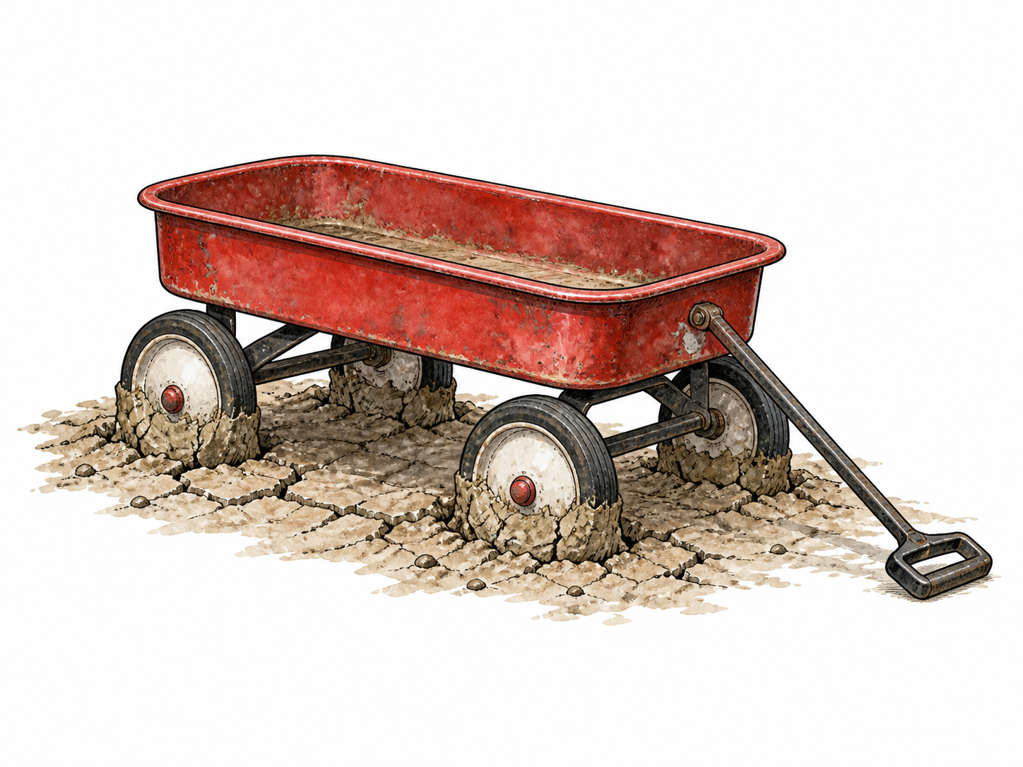 Wagon wheels trapped in hardened mud.