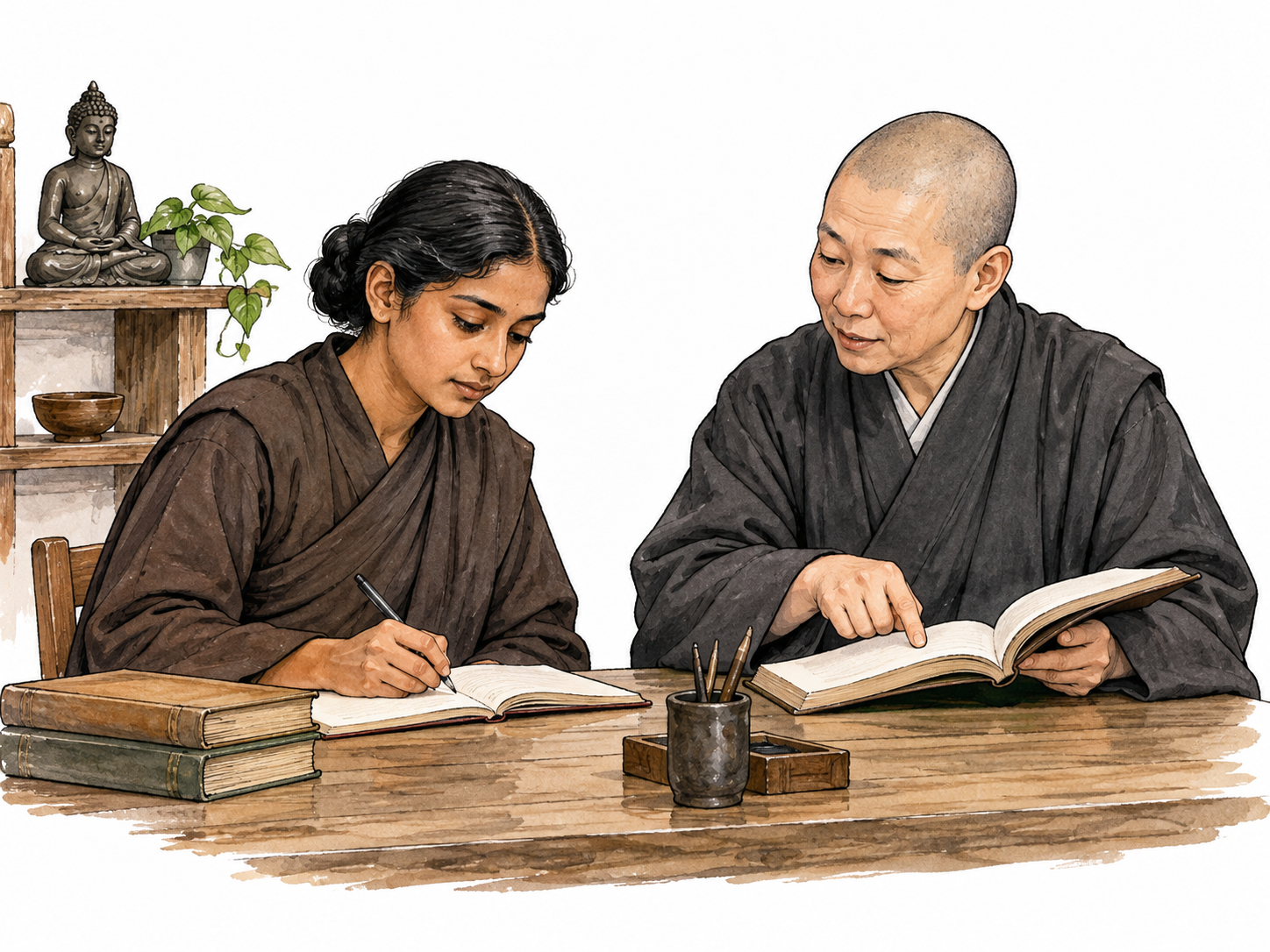 A novice in plain religious habit studies quietly with an older member in a simple monastery room, training context.