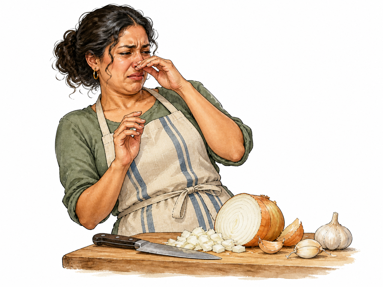 Cook reacting to the sharp smell of cut onion.
