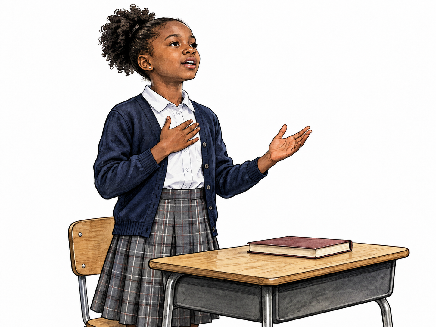 A school student stands upright reciting a poem from memory, empty hands, closed book on desk.