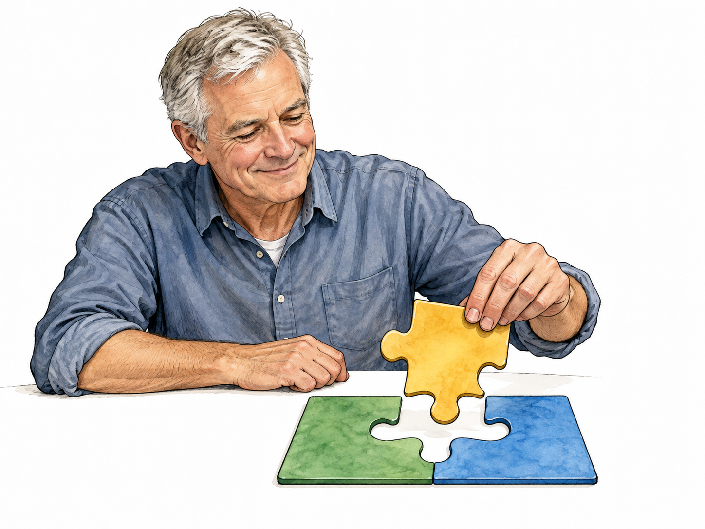 A relaxed adult effortlessly places the final large piece into a very simple three-piece puzzle.