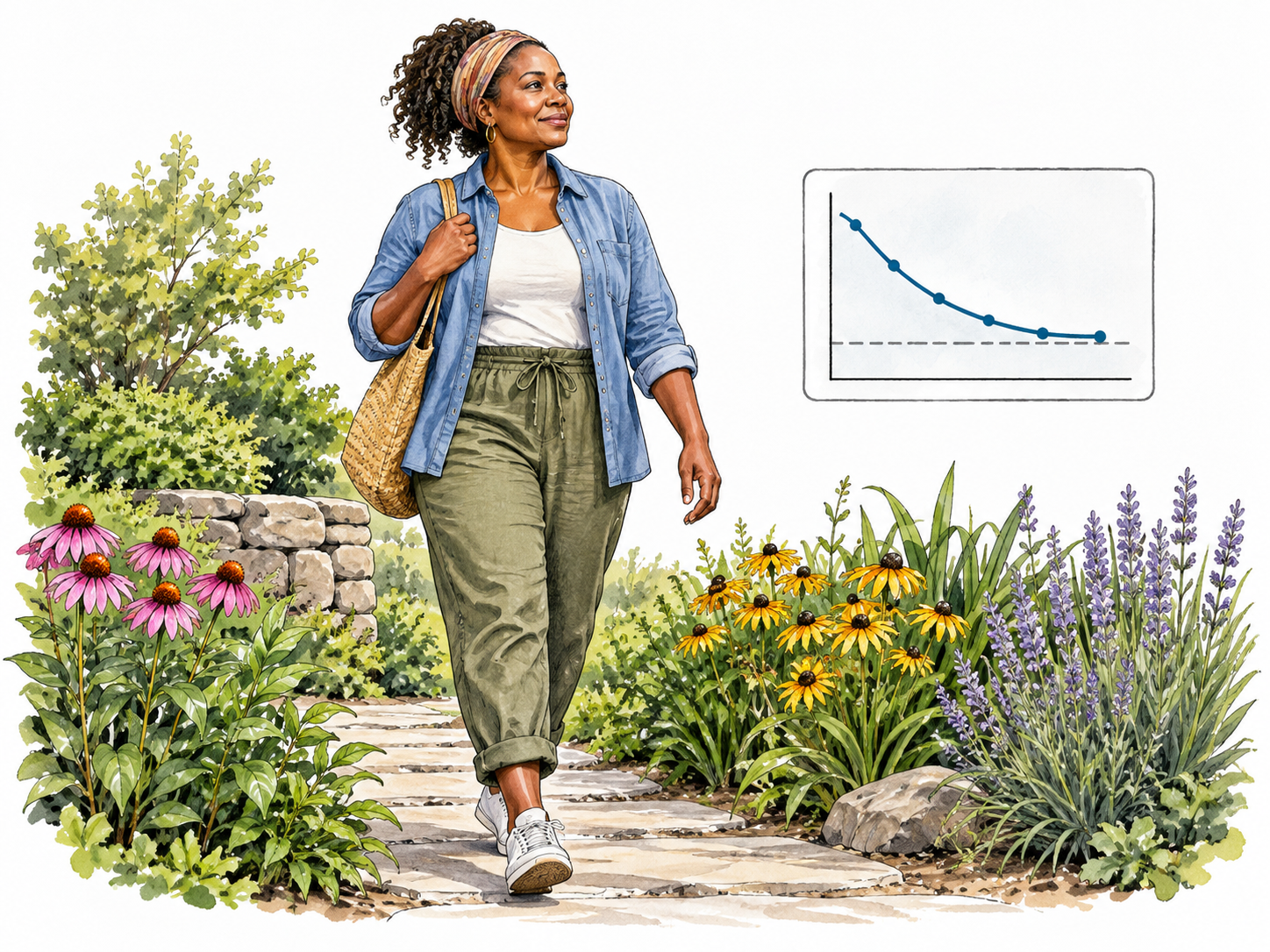 A recovering adult walks comfortably through a garden, with a small medical chart showing a curve falling toward baseline; no claim of permanent cure.