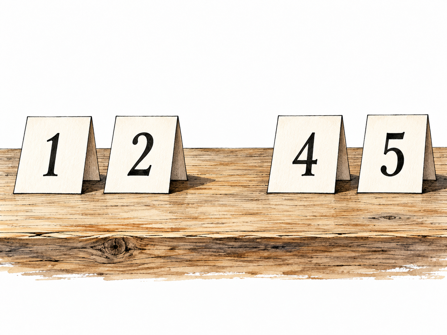 A row of numbered place cards 1,2,4,5 with an empty place where3should be; only these clear numerals.