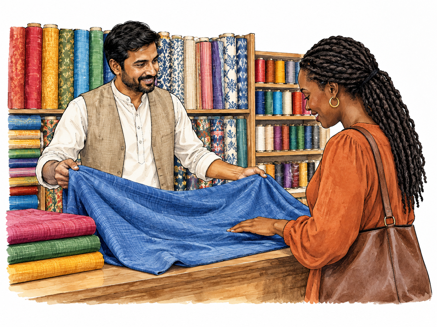 Textile dealer presents cloth to a customer.