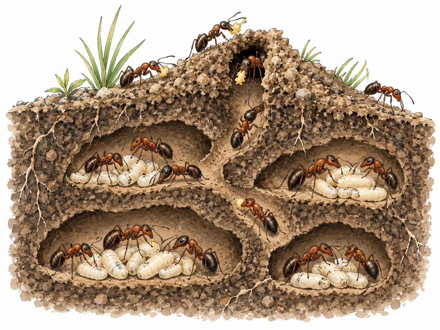 Ant colony cutaway with linked chambers and brood.