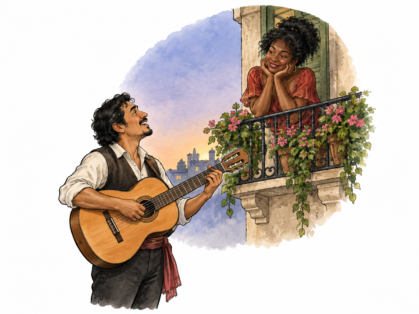 Latino guitarist sings toward Black woman at balcony.