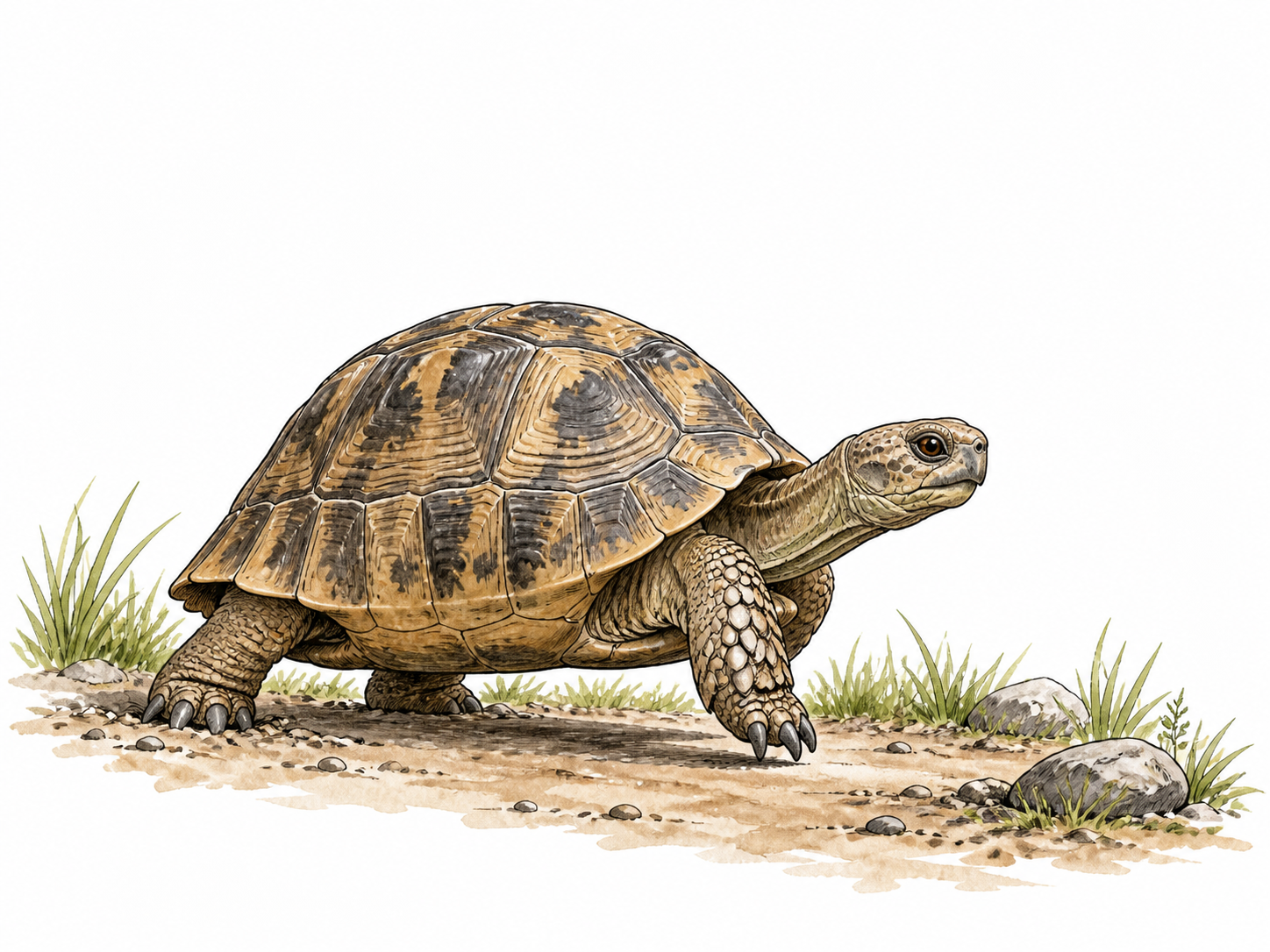 Tortoise taking deliberate step on path, realistic shell and small movement.