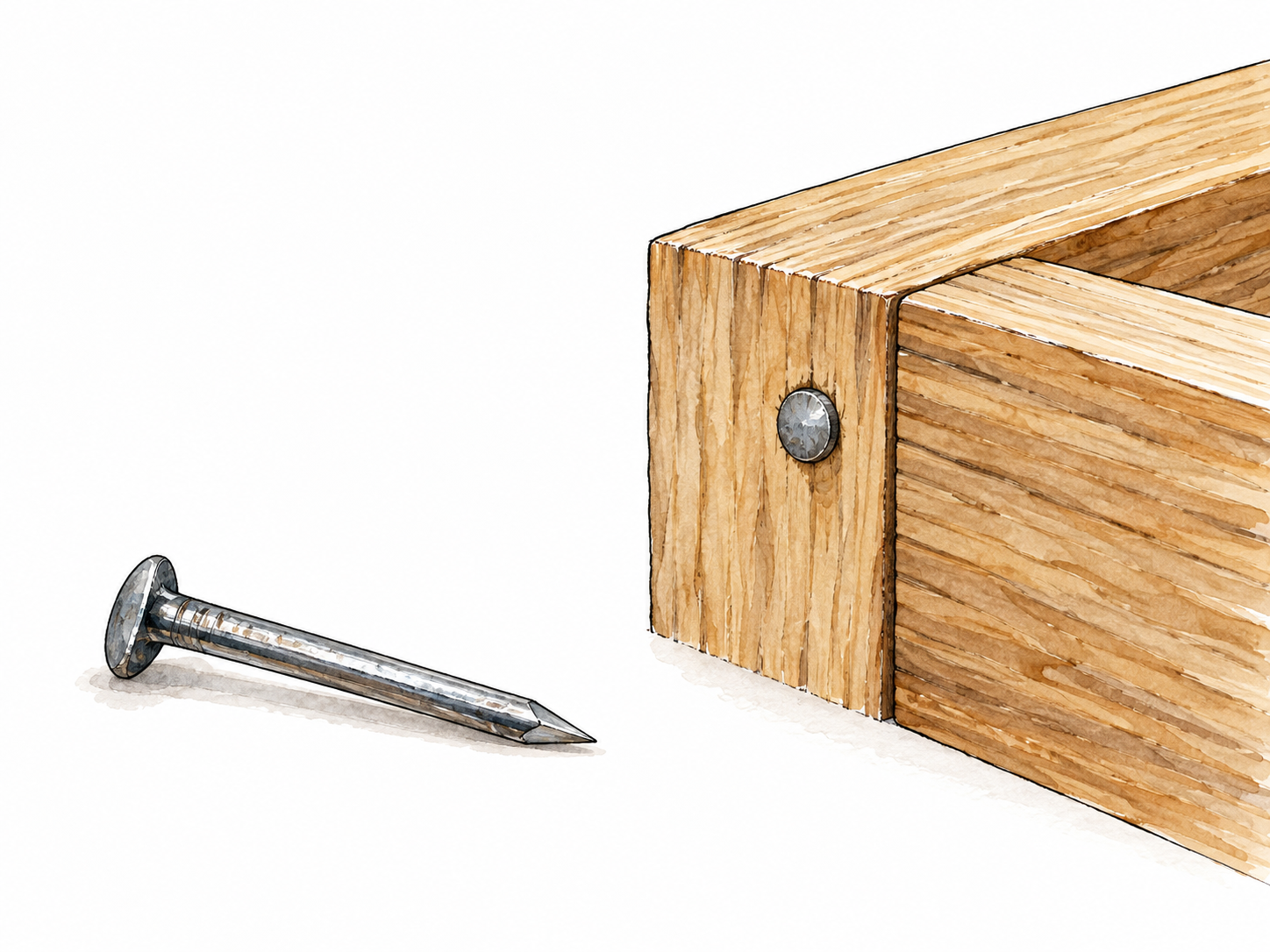A small steel nail with flat head and pointed shaft beside two wooden boards it fastens.