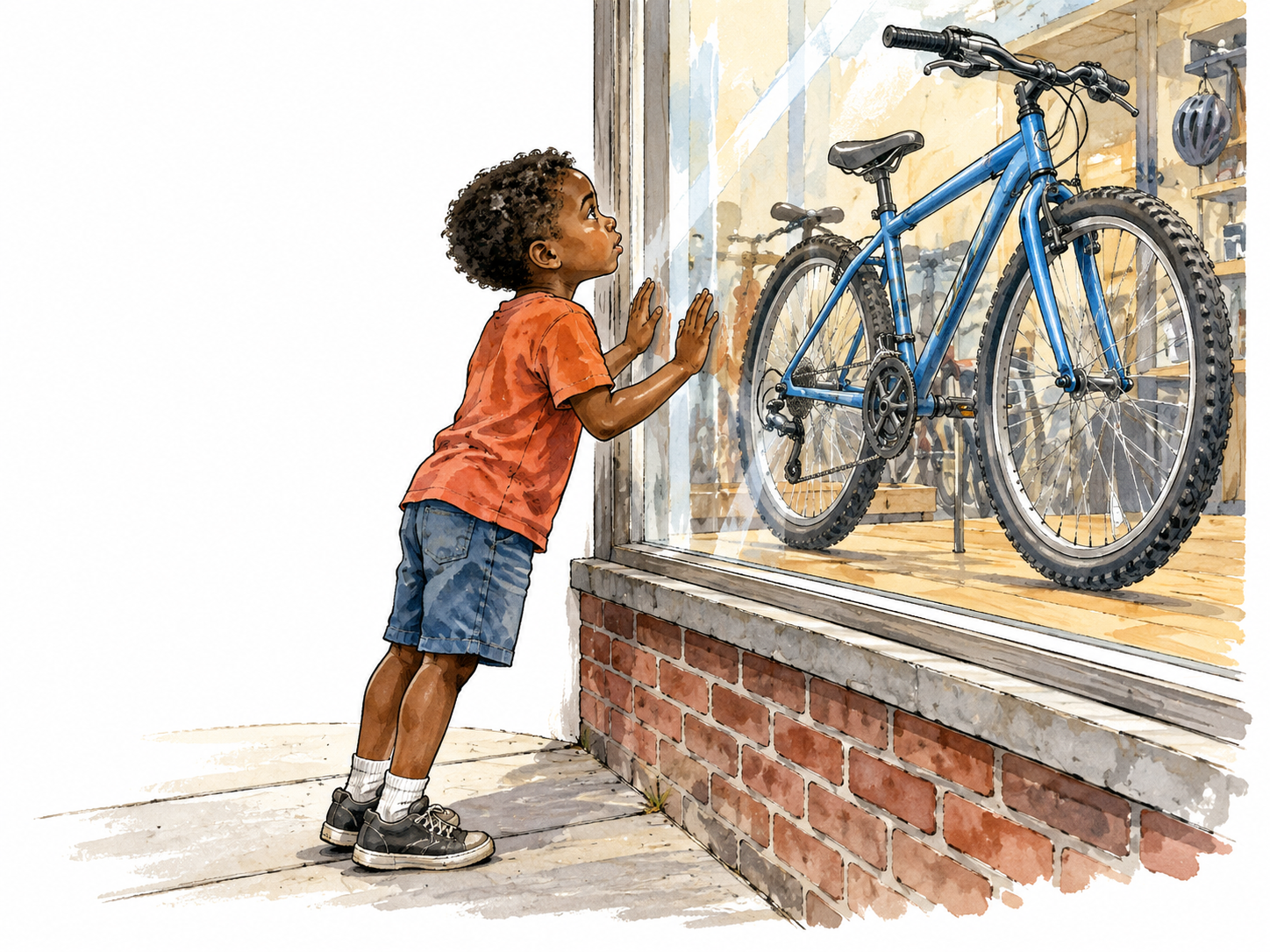 A Black child gazes longingly at a bicycle in a shop window, hands resting on glass.