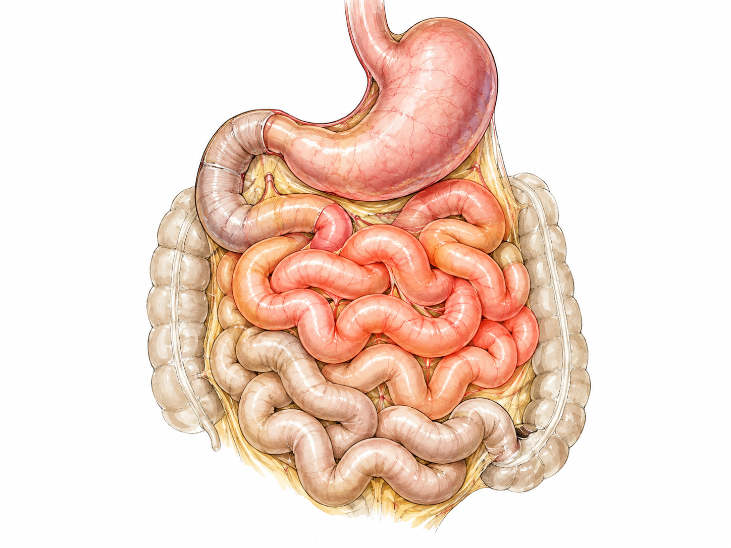 Medical educational illustration of small intestine beneath stomach, jejunum middle coils gently emphasized warm coral while duodenum and ileum muted; anatomically coherent no text.
