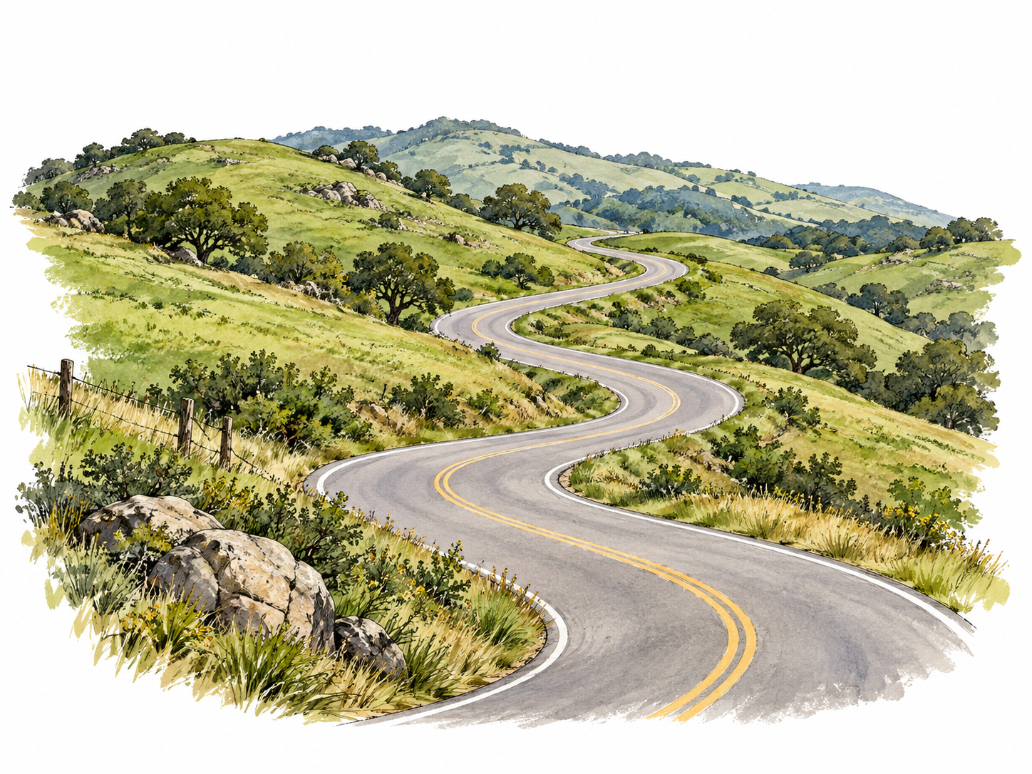 A narrow road winds through repeated S curves across green hills.