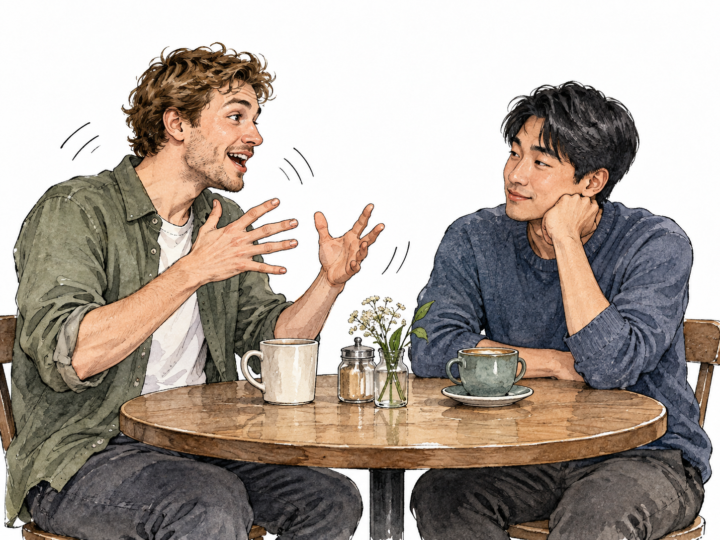 An animated white man rapidly talks with lively hands while his East Asian friend listens at a cafe.
