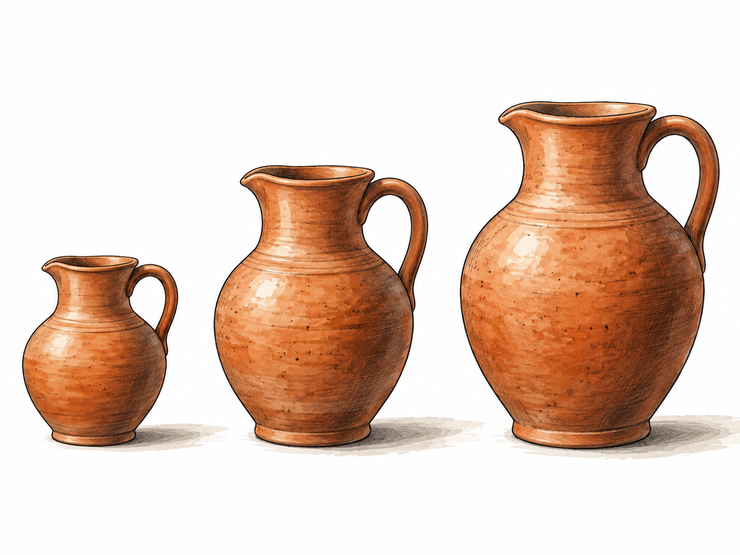 Three otherwise identical clay pitchers in small medium and large sizes, the middle one prominent.
