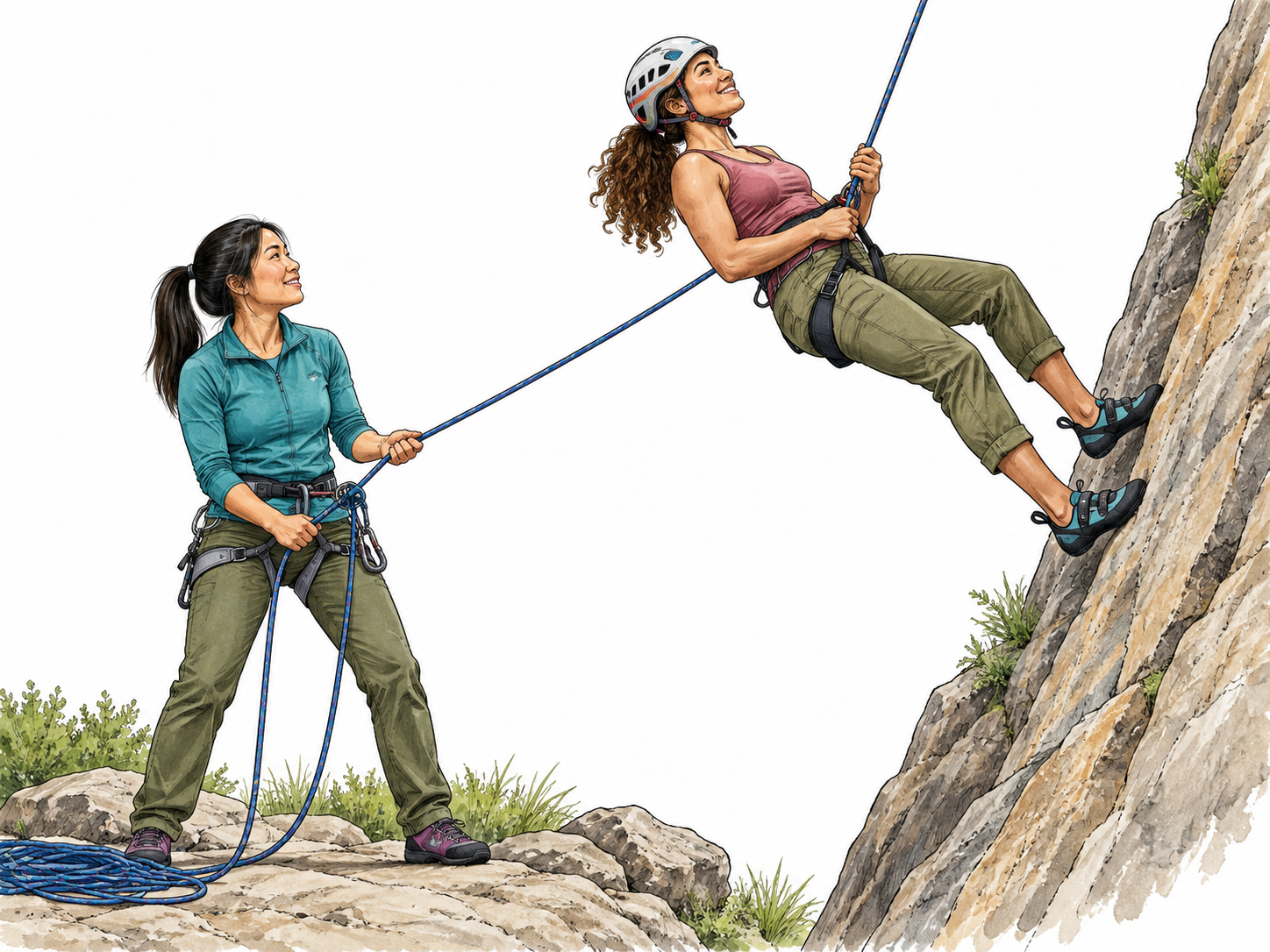A Latina climber leans safely back on a taut climbing rope confidently held by an East Asian woman belayer, grounded correct harness and rope.