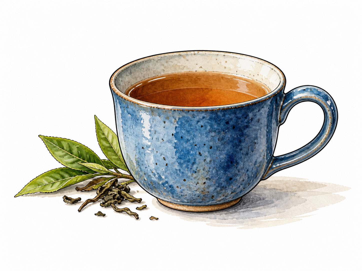 Small blue ceramic drinking cup with handle containing tea, simple still life.