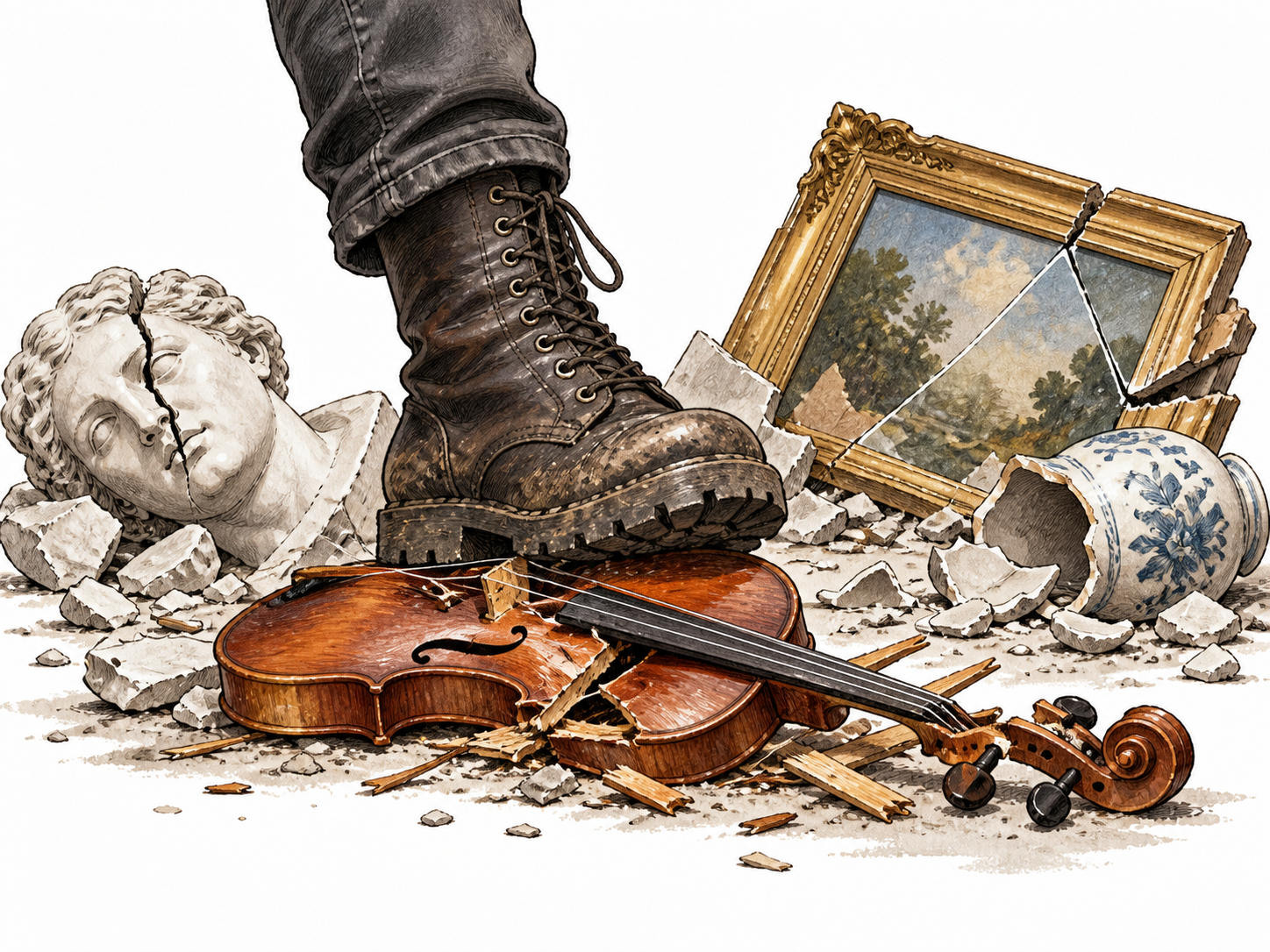 Vandal boot crushing delicate crafted instrument among broken artworks, cruel destruction, no ethnic costume.