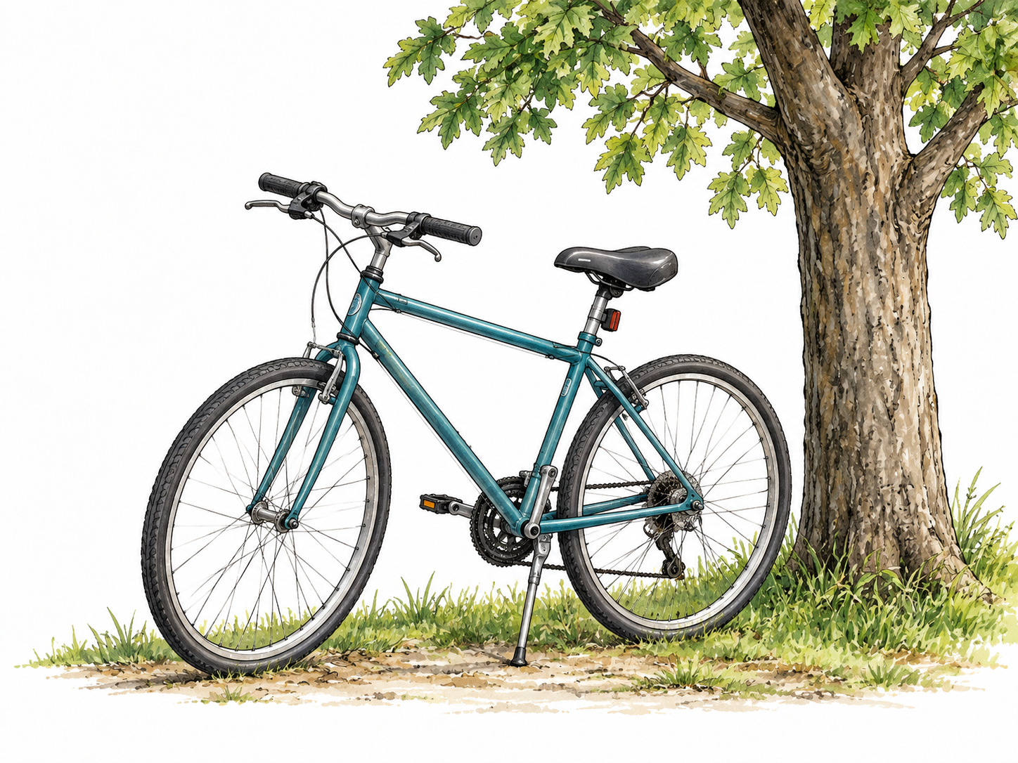 A bicycle stands completely still on its kickstand beside a tree in calm weather.