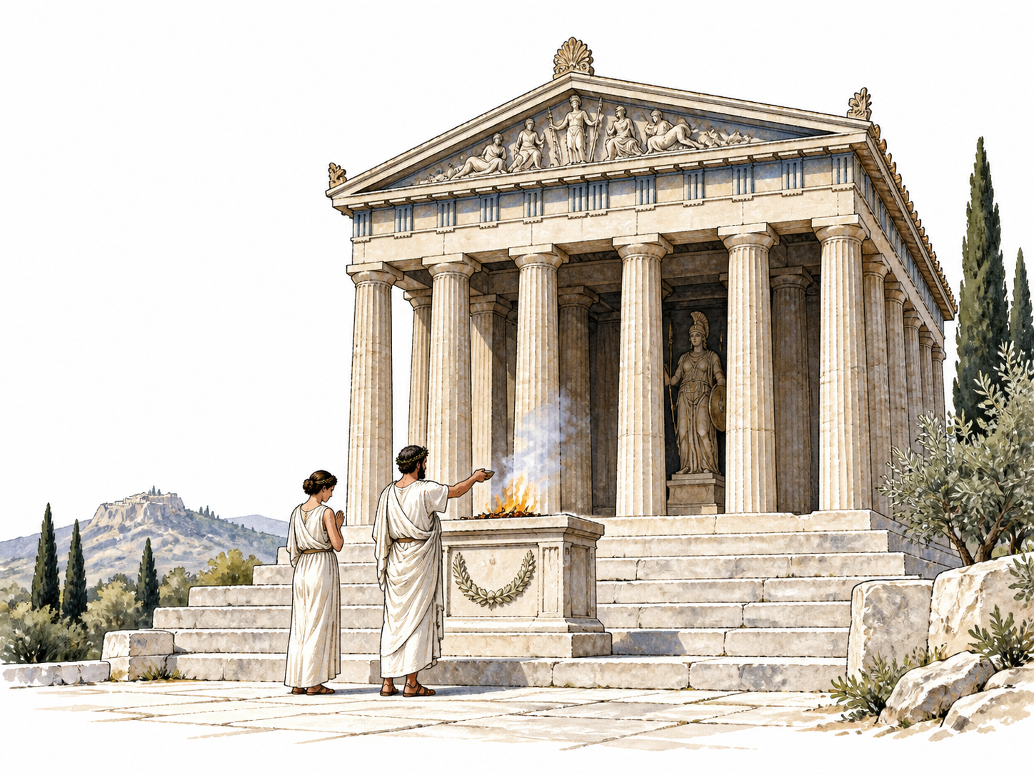 An ancient Greek stone temple with clear columned entrance and altar, quiet worship setting.
