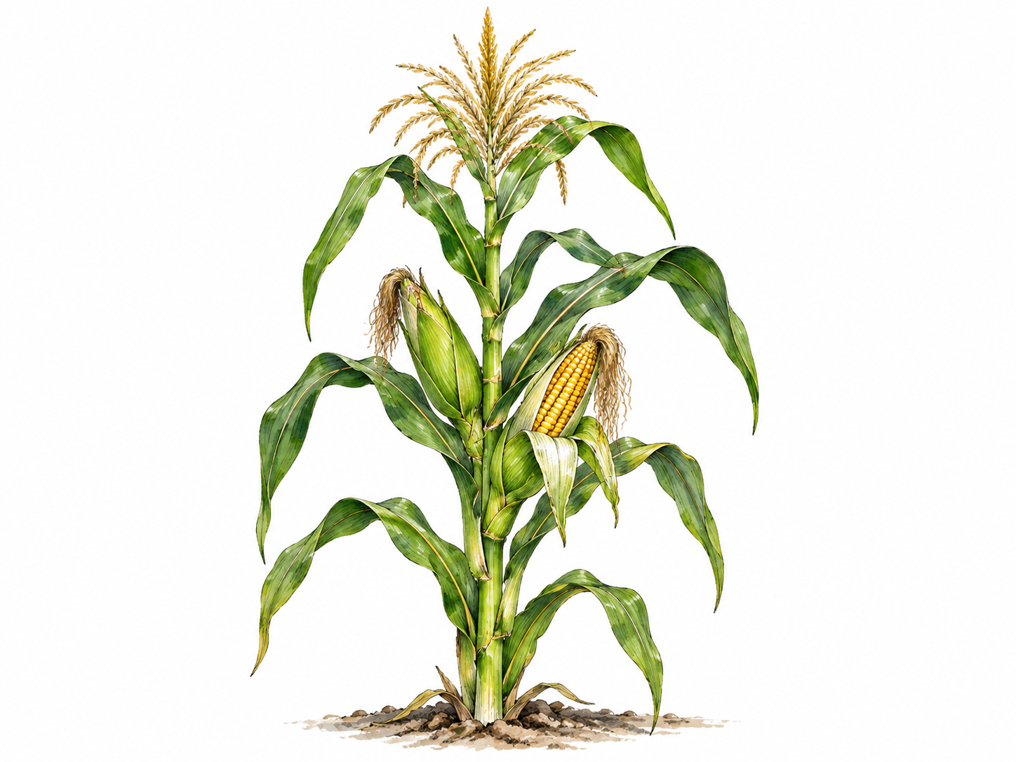 A tall green maize plant with tassel and ears, one ear partly husked showing kernels.