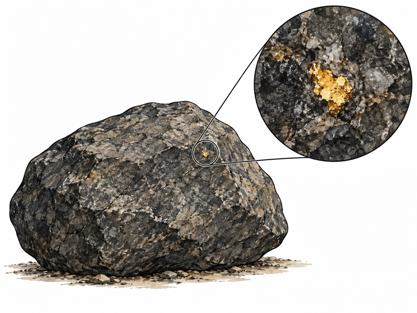 One tiny bright speck of gold in a large plain dark stone, magnified visible speck, mostly stone.