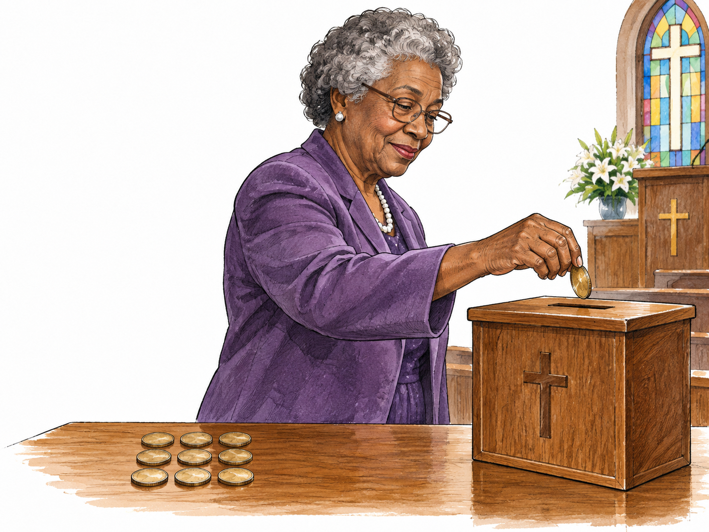 An elderly Black churchgoer sets one of ten equal coins in a church donation box; nine remain in a neat visible group.