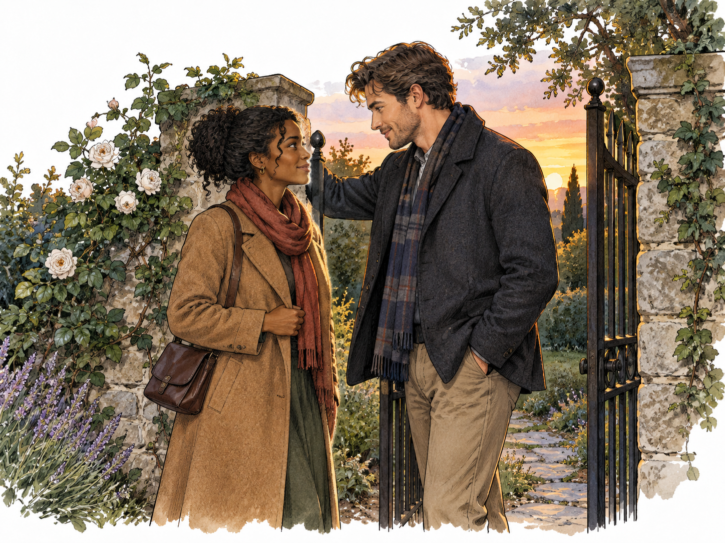 Two fully clothed adult lovers, a Black woman and white man, quietly meet by a garden gate at dusk, tender private glance, no explicit sexuality.