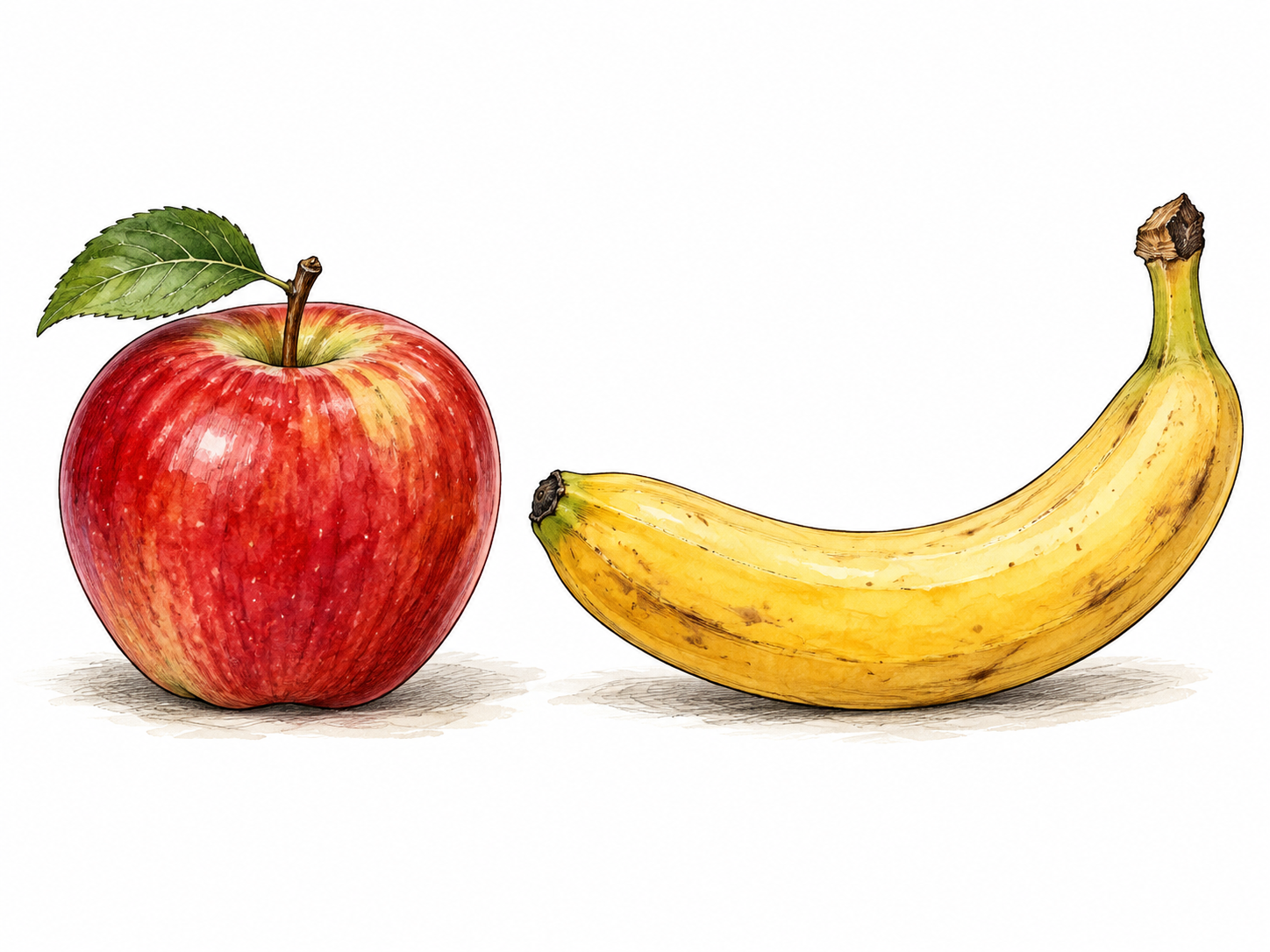 One red round apple beside a yellow curved banana, obviously unlike shape and color.