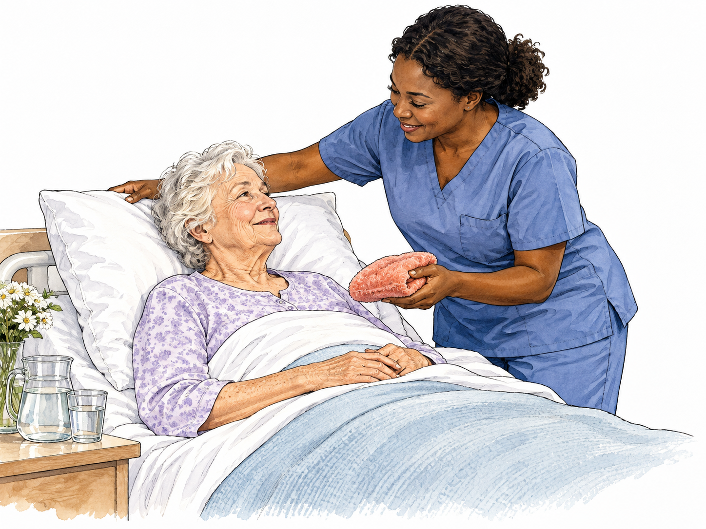 An older white patient resting comfortably while a Black nurse adjusts a pillow and offers a warm compress, symptom relief and gentle care.