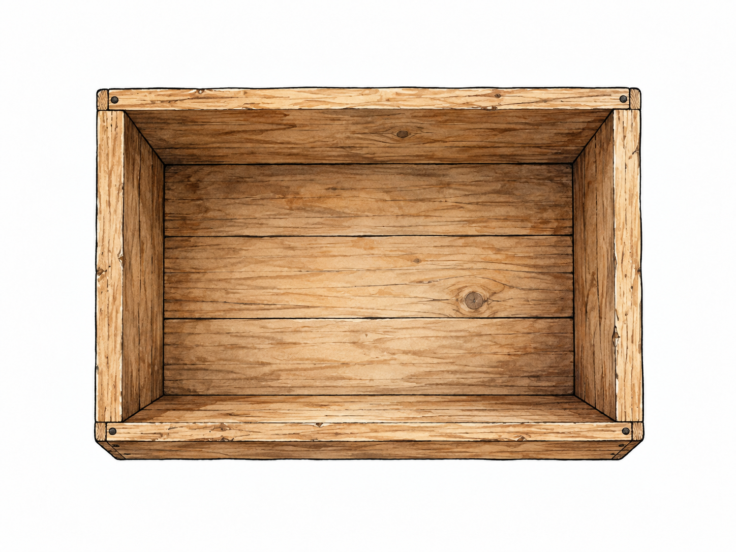 An open wooden box viewed clearly from above, completely empty.