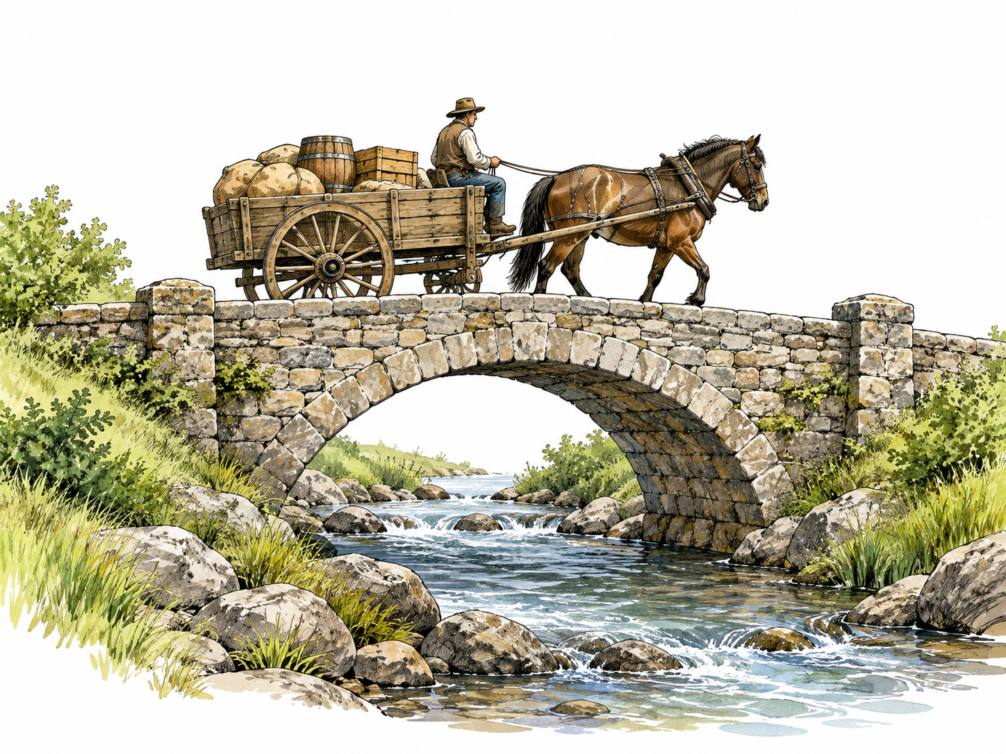 A sturdy stone arch bridge firmly carries a loaded cart across a stream.