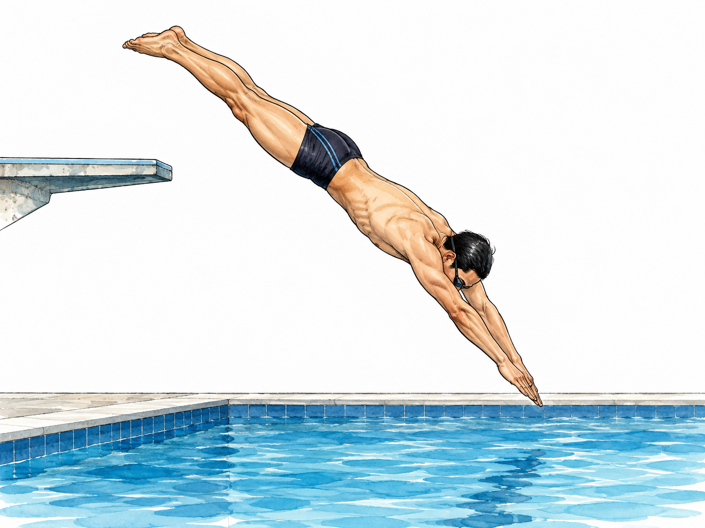 An adult East Asian swimmer dives headfirst toward a deep pool with straight body and arms extended.