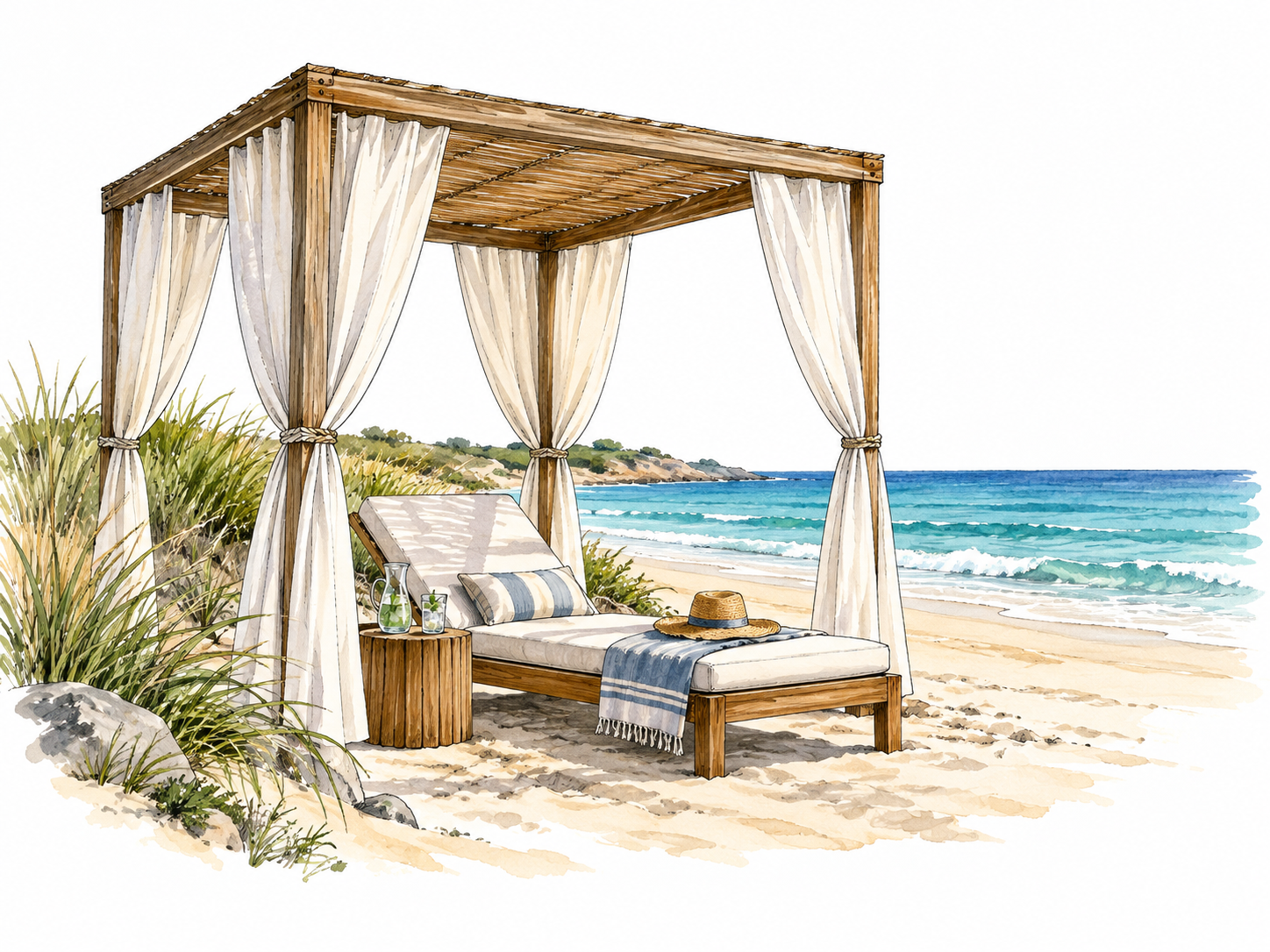 An open-sided beach cabana with fabric curtains, shade and lounge chair beside sand and sea.
