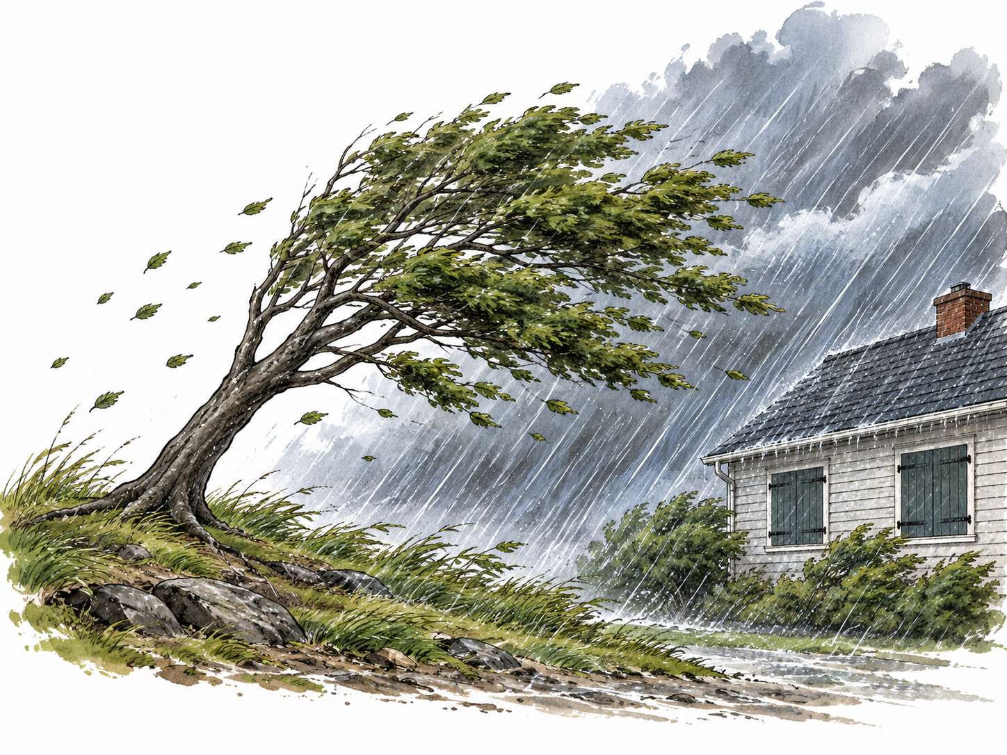 Strong storm winds bend tree nearly sideways as rain lashes shuttered house, harsh weather no injury.