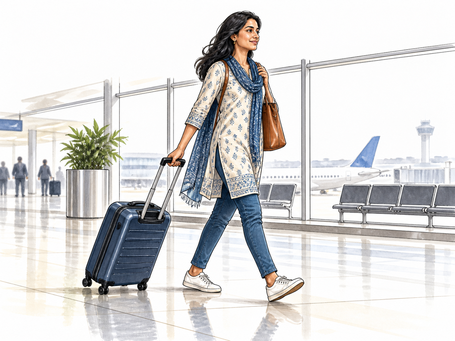 A wheeled suitcase rolls effortlessly beside a traveler through level airport walkway, South Asian woman, convenience clearly seen.