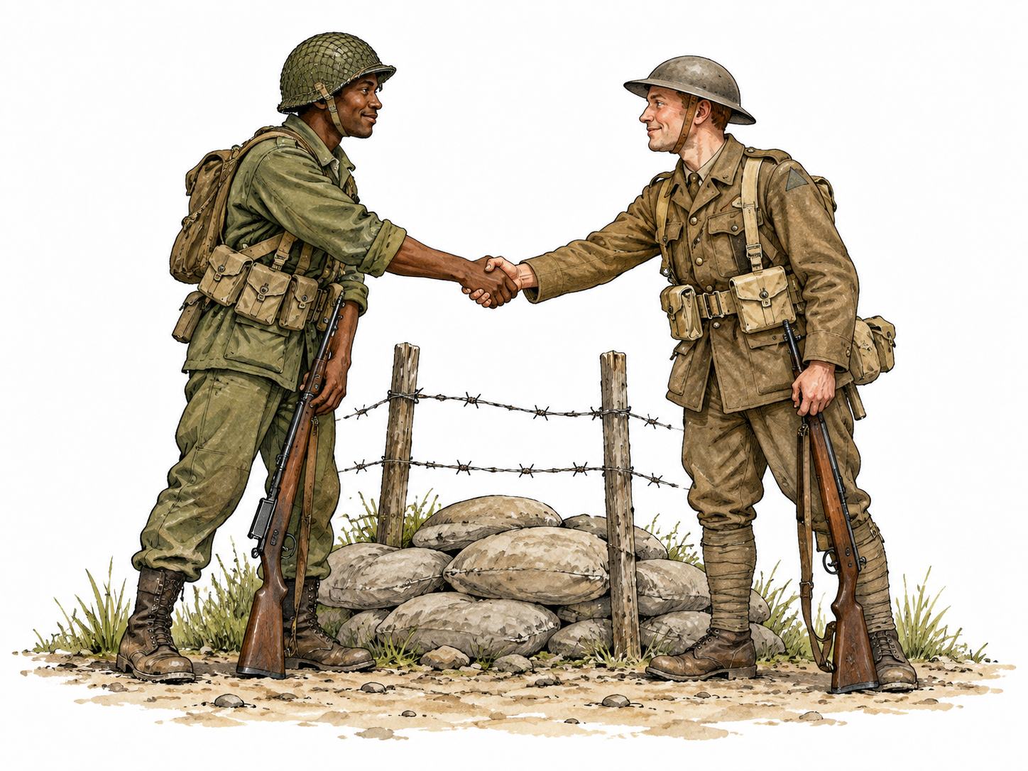 Two opposing soldiers lower their rifles toward the ground and shake hands across a simple barrier, one Black one white, peaceful pause, no firing.