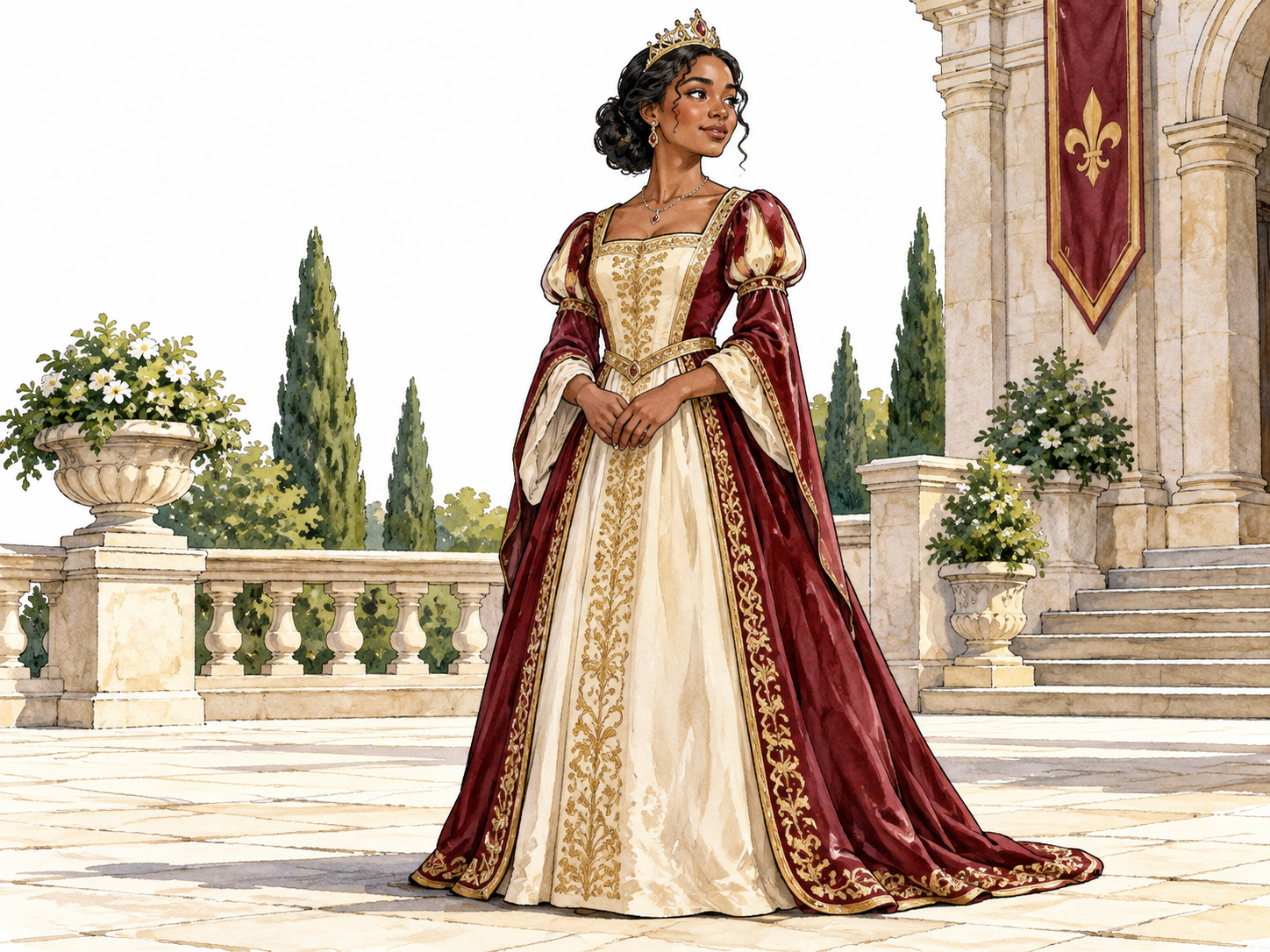 A Black young adult princess in elegant royal dress and small crown stands in palace courtyard, realistic not fairy-tale cartoon.