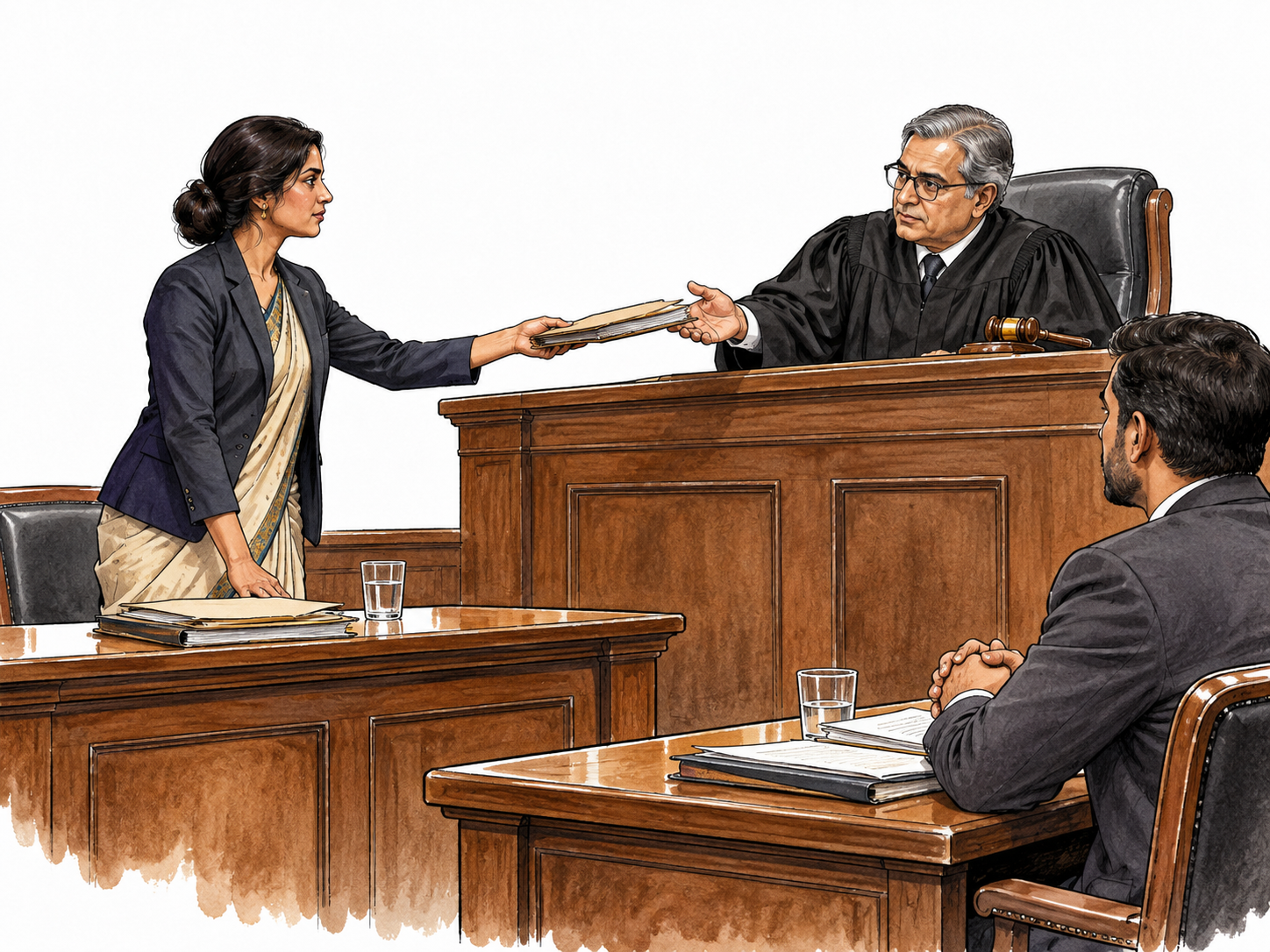 South Asian woman at claimant table presenting legal folder to judge, opposing party across aisle, civil plaintiff no text.