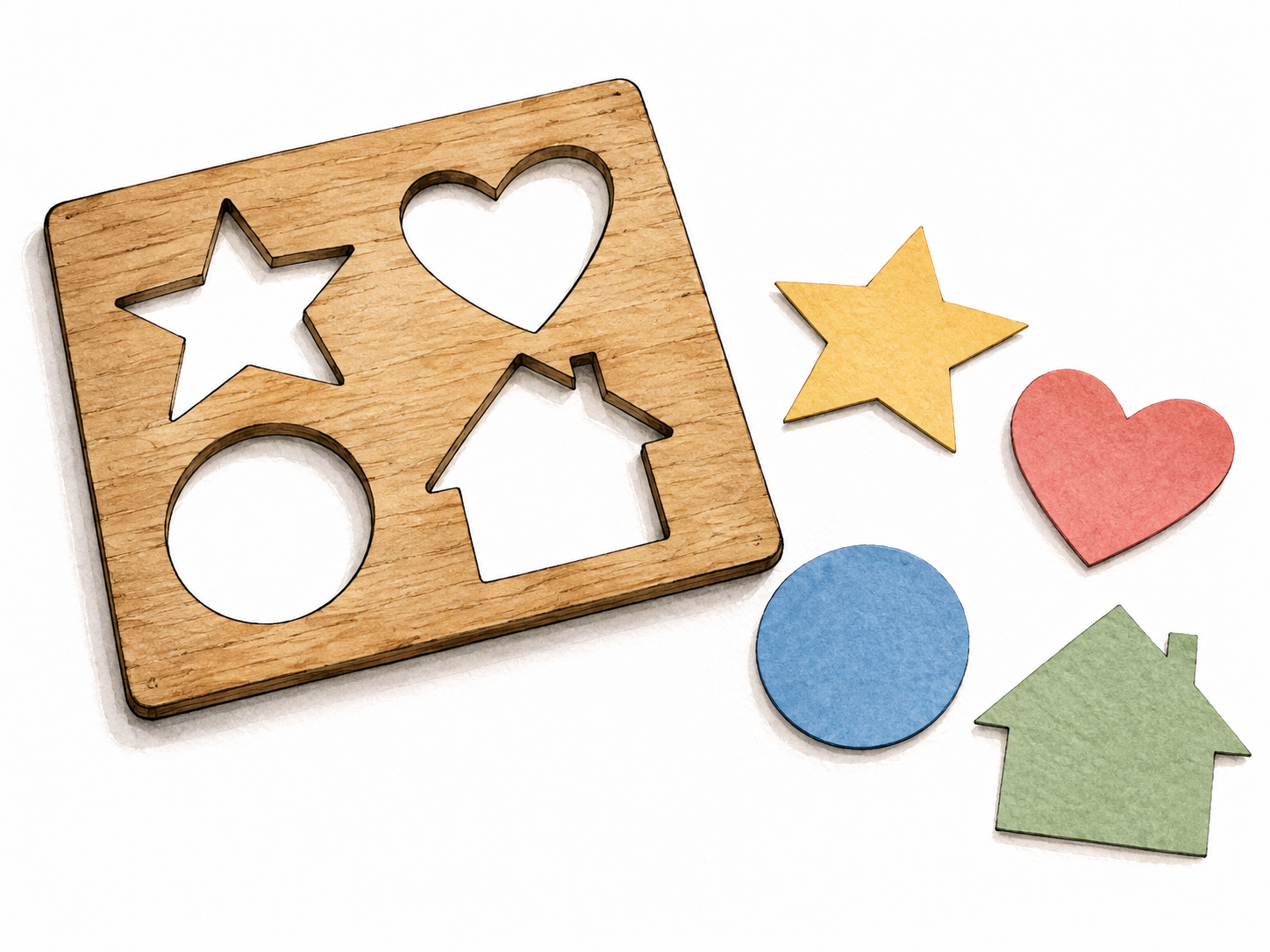 A wooden stencil pattern beside several matching shapes freshly cut from paper.